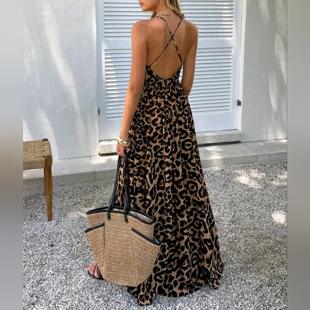 New Flowy Boho Leopard Print Maxi Dress Plunge V Neck Halter Long Black Brown - Picture 4 of 11